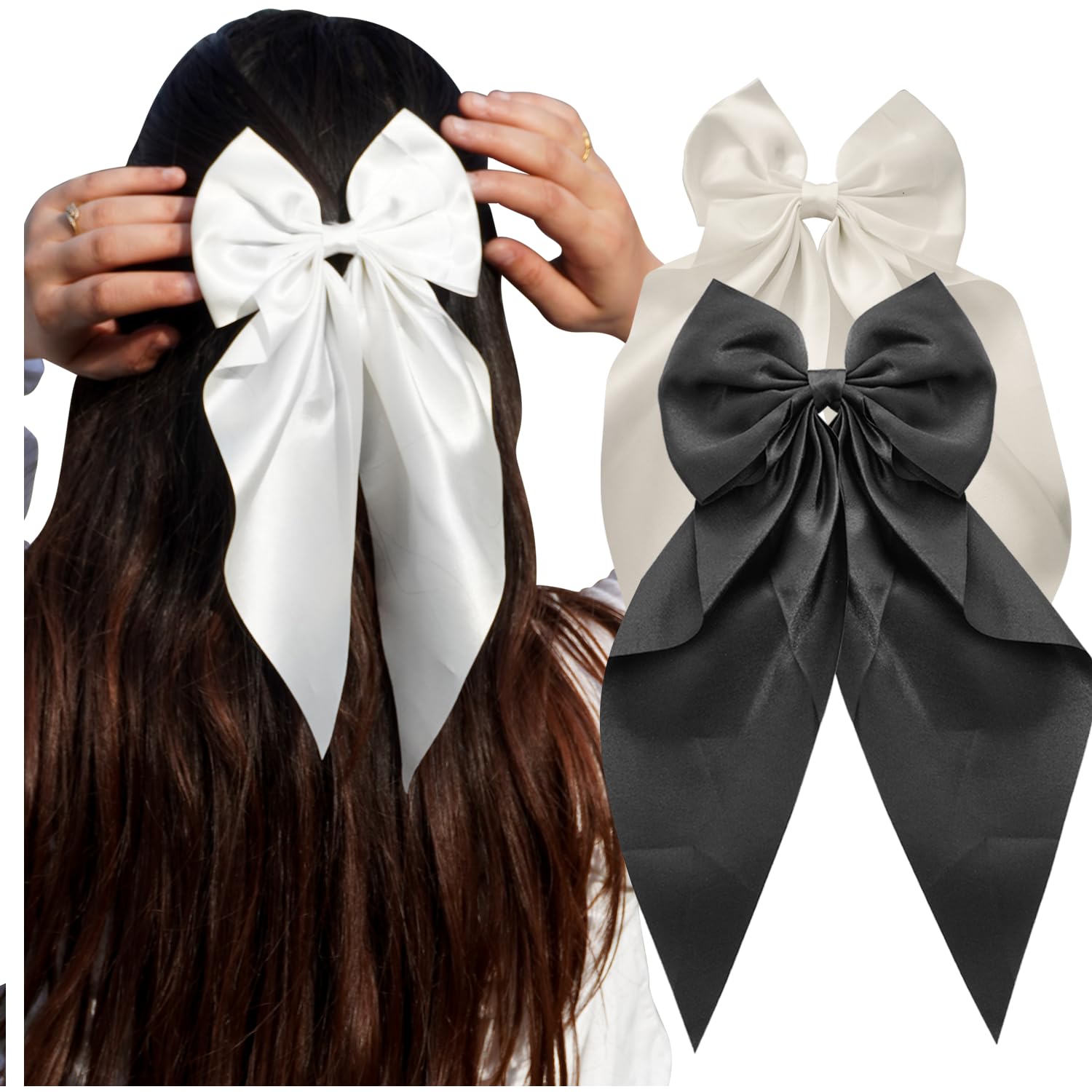 Hair Bow Scrunchie For Women, Bow Clips For Girls - Black And Off White