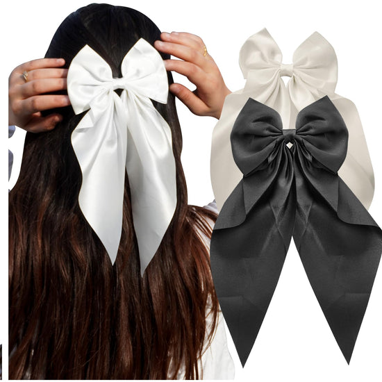 Hair Bow Scrunchie For Women, Bow Clips For Girls - Black And Off White